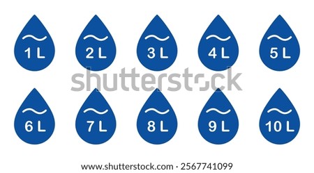  Liter icon set from 1 to 10. Fluid volume in liters. Capacity of oil and water icon set. Liter icon fluid volume in liters liquid drop litre. Liquid measure in liters.