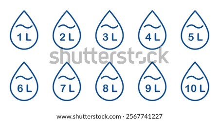  Liter icon set from 1 to 10. Fluid volume in liters. Capacity of oil and water icon set. Liter icon fluid volume in liters liquid drop litre. Liquid measure in liters.