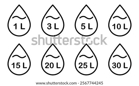  Liter icon set. Liters- 1,3,5,10,15,20,25,30. Fluid volume in liters. Capacity of oil and water icon set. Liter icon fluid volume in liters liquid drop litre. Liquid measure in liters.