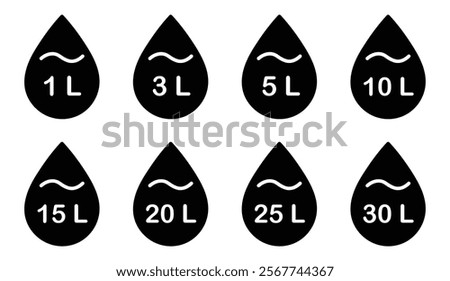  Liter icon set. Liters- 1,3,5,10,15,20,25,30. Fluid volume in liters. Capacity of oil and water icon set. Liter icon fluid volume in liters liquid drop litre. Liquid measure in liters.