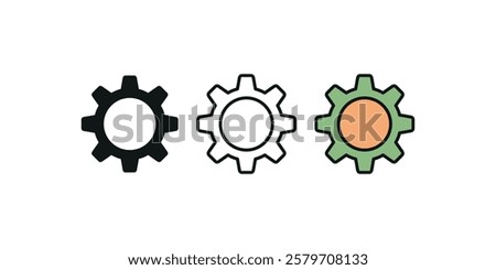 A professional settings gear icon in three styles. Solid, outlined, and colored versions enhance UI, mobile apps, websites, and software interfaces for a clean, modern user experience.