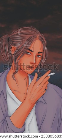 Similar – Image, Stock Photo Adult man smoking while looking at camera during sunset