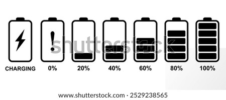 smart phone battery icon set isolated on white (vector solid black fill). simple battery icons collection	
