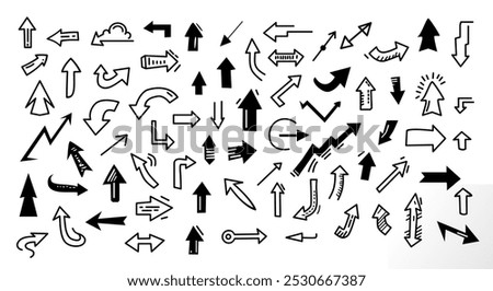 big collection of doodle style different vector arrows on white background (only fill eps file). vector arrows for infographic, apps, software, web etc use. arrows icons set	