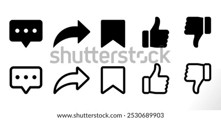 like, share, comment, save etc social media icon set on white (solid black fill icons). simple vector social media icons collection	