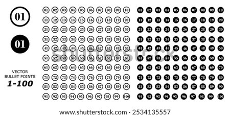 bullet numbers from 1 to 100 vector set (solid fill). digital bullet points for infographic, website, countdown, chart etc use.	