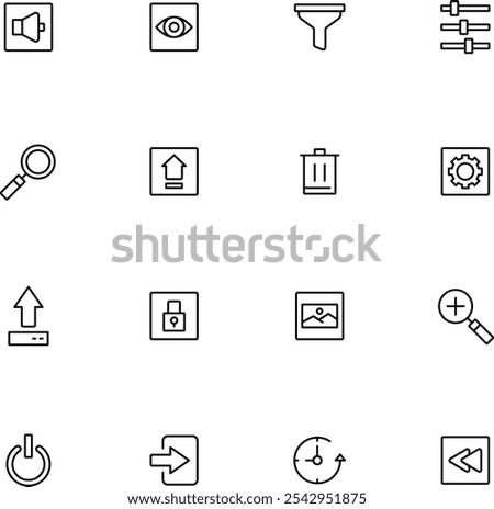 Modern web button icons set for apps and websites. Includes essential icons (download, share, settings). Scalable, high-res vectors in flat, outline, and filled styles, ideal for UX or UI design.