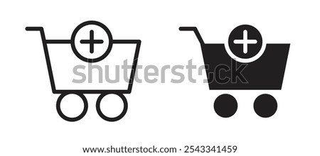 Add to cart vector icon set black filled and outlined style.