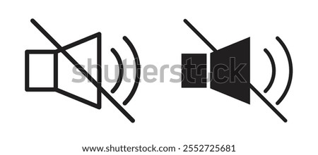 Mute sound vector icon set black filled and outlined style.