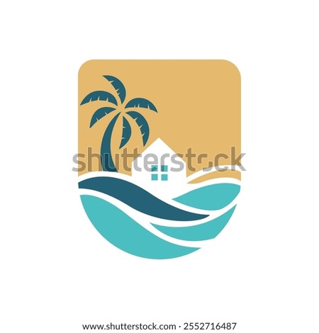 Tropical Coastal Logo Design with Modern Palm Tree and House 