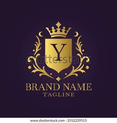 Regal gold shield logo with Y monogram and crown on deep purple background for luxury brand identity