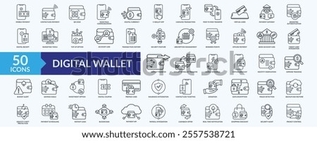 Digital wallet icon collection set with e-wallet app, digital currency, cashless transaction, fraud detection, real time notification