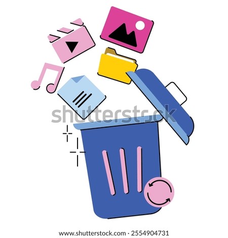 An illustration of backing up, restoring, and recovering files deleted from the trash, including audio files or songs, videos, documents, and other types of files, in a flat design style.