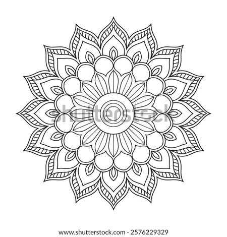 This design is a symmetrical, circular mandala with petal-like shapes radiating from the center. The outermost petals feature a teardrop and dot pattern inside, adding layers of detail. Each section 