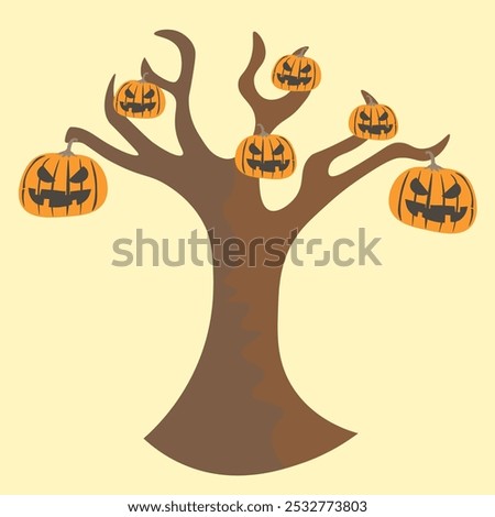 A simple Halloween-themed illustration featuring a leafless tree in an autumn setting, with jack-o-lanterns hanging from its branches