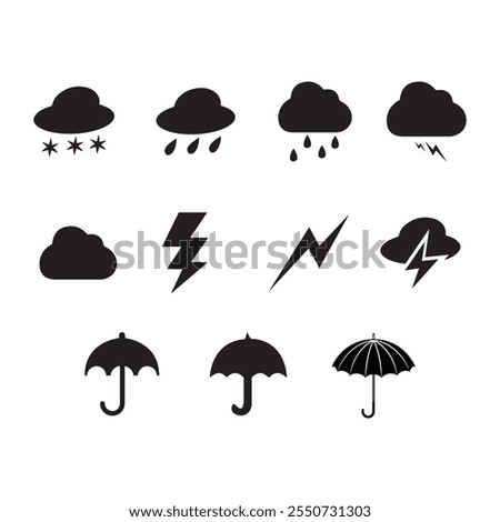 cload with rain thunder bolt and umbrella full bundle about rain vector collection