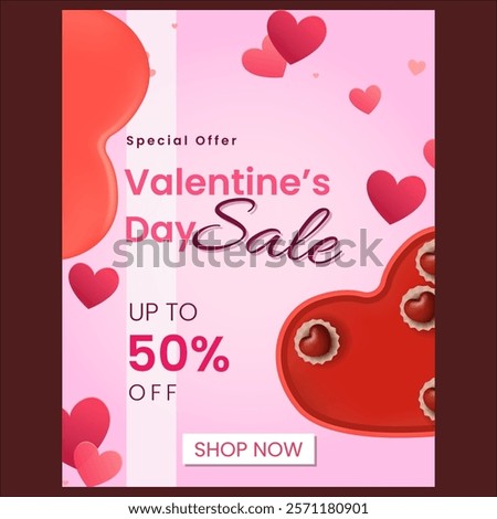 Flat design valentine day sale up to 50% off poster, banner. with romance pink background, cake, and heart.