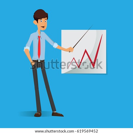 Young Student business man. Success businessman on infographics statistic desk. Idle pose, laughing happy worker man. Full editable for animation.Vector modern concept flat design character.