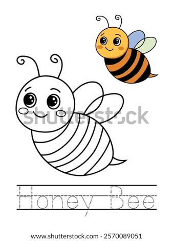 A delightful and charming honey bee coloring page for kids, featuring a friendly bee with big eyes and striped wings. The design includes clear, bold outlines, making it easy for young artists to colo