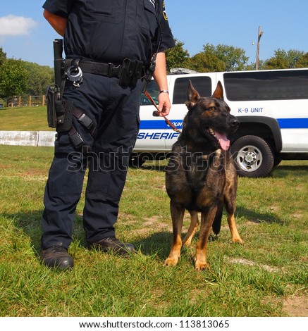 A K-9 unit police dog stands calmly next next to an armed law officer.