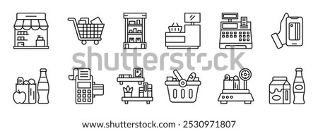 Grocery thin line icon set. Containing shop, cart, storage, counter, cashier machine