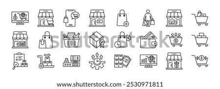 Ecommerce thin line icon set. Containing Ecommerce, Retail, Online Shopping, Marketplace, Bag Plus