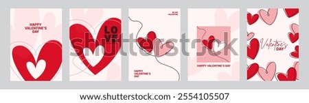 Valentine's day Greeting posters set in flat red and pink paper hearts background. Cute simple and love sale banners or greeting cards templates and social media post.