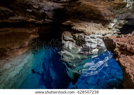 PoÃ§o Azul, Cave with blue transparent water in Chapada Diamantina - Bahia, Brazil Foto stock © 
