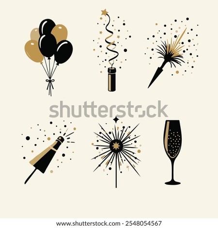 This design celebrates the New Year 2025 with a minimalist and elegant theme. It features clocks striking midnight, fireworks, a star, a champagne bottle, and a glass, all in a sleek black and gold co