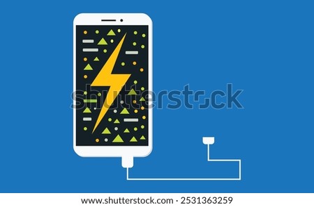 Mobile charging icon featuring a lightning bolt symbol on a smartphone screen, indicating battery charging status. Modern and simple design, ideal for digital interfaces and apps.