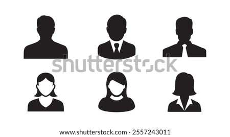 Male and female portraits, silhouettes, avatars or profiles for unknown anonymous persons. Man, woman, people. Black and white vector illustration. All objects are isolated