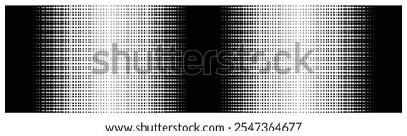 Halftone decreases from the sides to center. Halftone background, text, or image object. Design stock. Grunge halftone gradient background. White and black sand wallpaper.