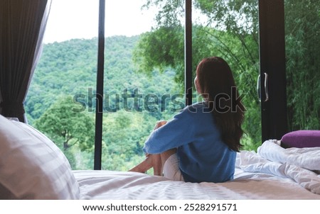 Similar – Image, Stock Photo Bedroom view. Outside it is already bright. Points of light, a curtain reminds of the night