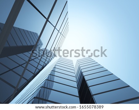 View of high rise glass office building on blue sky background,Business concept of future architecture,looking up to the sun light on the top of building. 3d rendering