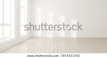 3d render of modern empty room with wooden floor and large white plain wall.