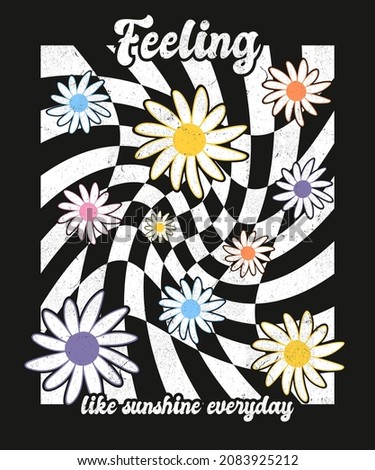 retro groovy slogan print with hippie typography, flowers and checkered background for tee t shirt or poster, vector illustration Stok fotoğraf © 