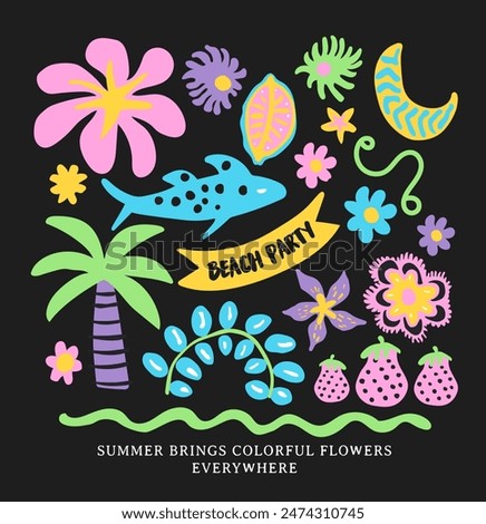 Hand drawn; flowers, fruits, dolphin, beach and palm tree vector illustration, nature print design for holiday vacation theme, summer graphic, for t-shirt graphic.
