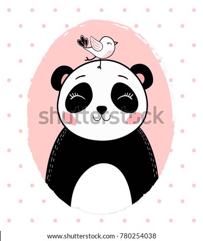 cute panda with bird vector.T shirt graphic.cartoon animal.