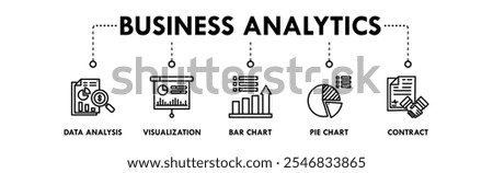 Business Analytics banner web icon illustration concept with icon of data analysis, visualization, bar chart, pie chart, and contract