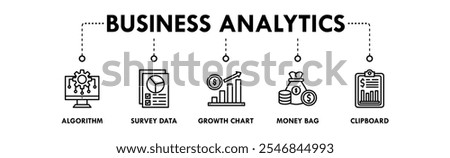 Business Analytics banner web icon illustration concept with icon of algorithm, survey data , growth chart, money bag , and clipboard