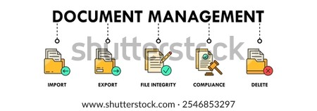 Document Management banner web icon illustration concept with icon of import, export, file integrity, compliance, and delete