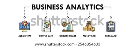 Business Analytics banner web icon illustration concept with icon of algorithm, survey data , growth chart, money bag , and clipboard