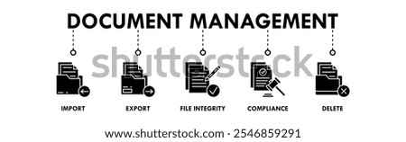  Document Management banner web icon illustration concept with icon of import, export, file integrity, compliance, and delete