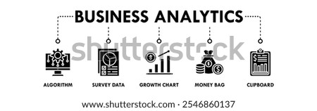 Business Analytics banner web icon illustration concept with icon of algorithm, survey data , growth chart, money bag , and clipboard