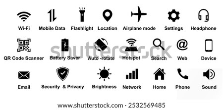 smartphone internal features icon set. wifi, data, security, location, network, rotate, airplane mode, battery saver, QR code scanner, home, device, search, settings, email, flash light, etc icon