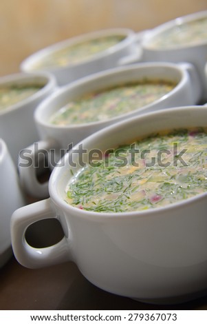 green soup. okroshka, traditional Russian cold soup. selective focus