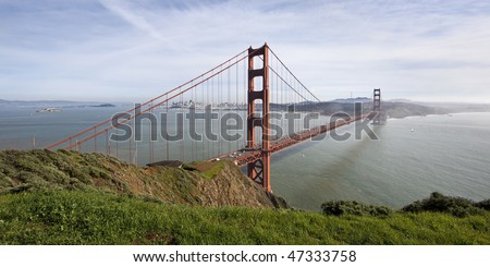 Golden Gate Bridge seen from the Marin Headlands includes Alcatraz on the left to the Presidio and Baker Beach on the right
