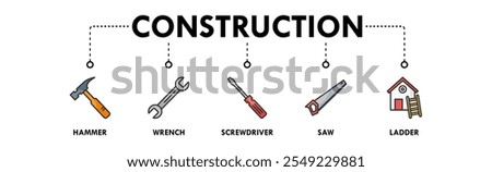 Construction banner web icon illustration concept with icon of hammer, wrench, screwdriver, saw, and ladder