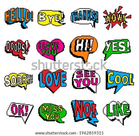 Set of color Speech Bubbles, pixel art design vector illustration