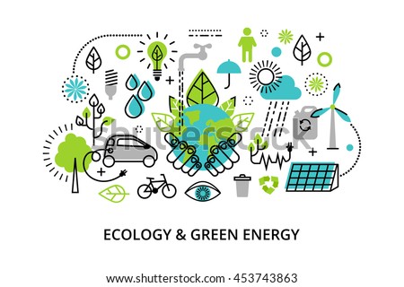 Modern flat thin line design vector illustration, infographic concept of ecology problem, generation and saving green energy  for graphic and web design